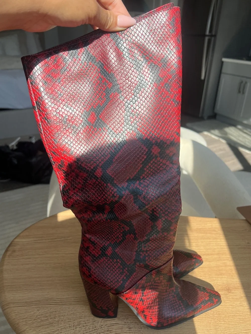 Jennifer Lopez Red and Black Snake-Print Over-the-Knee Boots